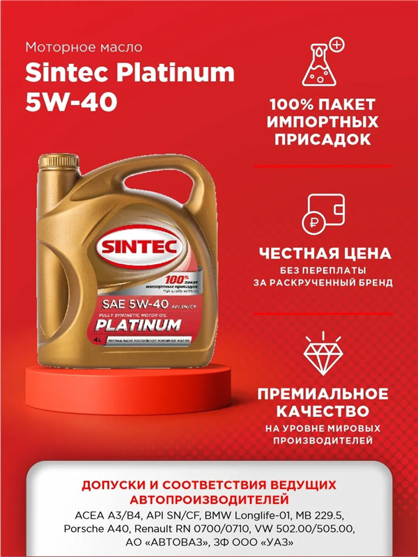 АВТОМАСЛА Масло моторное синтетическое Sintec Platinum 5W-40, 1л