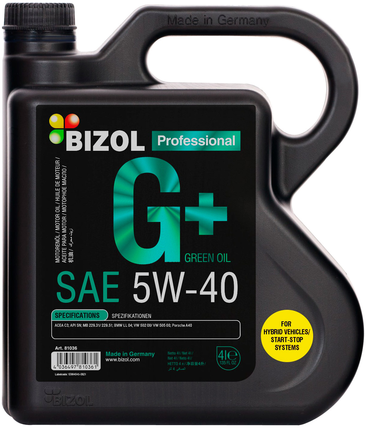 АВТОМАСЛА Моторное масло синтетическое BIZOL Green Oil+ 5W-40 4л