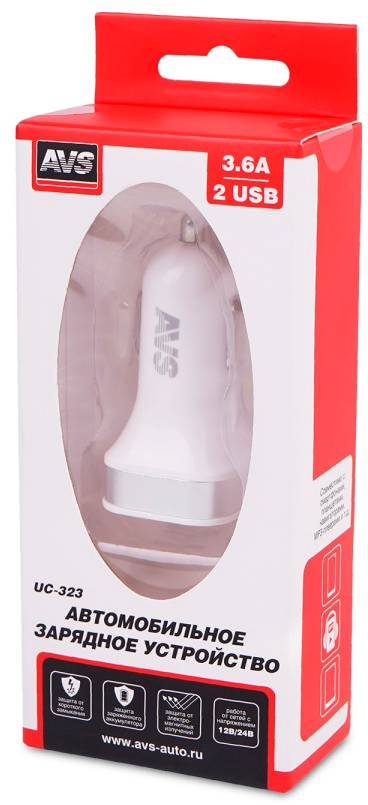АККУМУЛЯТОРЫ USB автомобильное зарядное устройство AVS 2 порта UC-323 (3,6А)