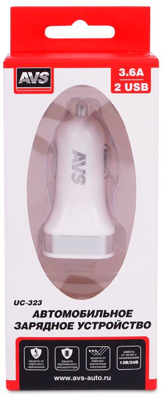 АККУМУЛЯТОРЫ USB автомобильное зарядное устройство AVS 2 порта UC-323 (3,6А)