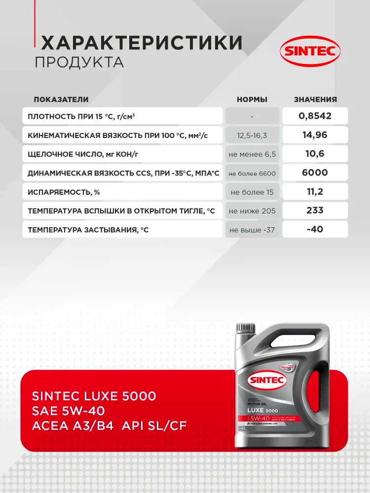 АВТОМАСЛА Масло моторное Sintec Luxe 5000 5w40 SL/CF 4л